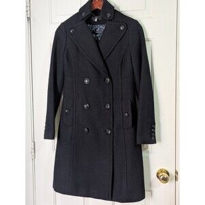 H&M Long Peacoat Jacket Womens 6 Black Wool Blend Pockets Double Breasted Lined